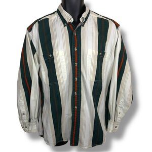Vintage Large Consensus Mens Striped Long Sleeve Button Up Shirt Green Beige